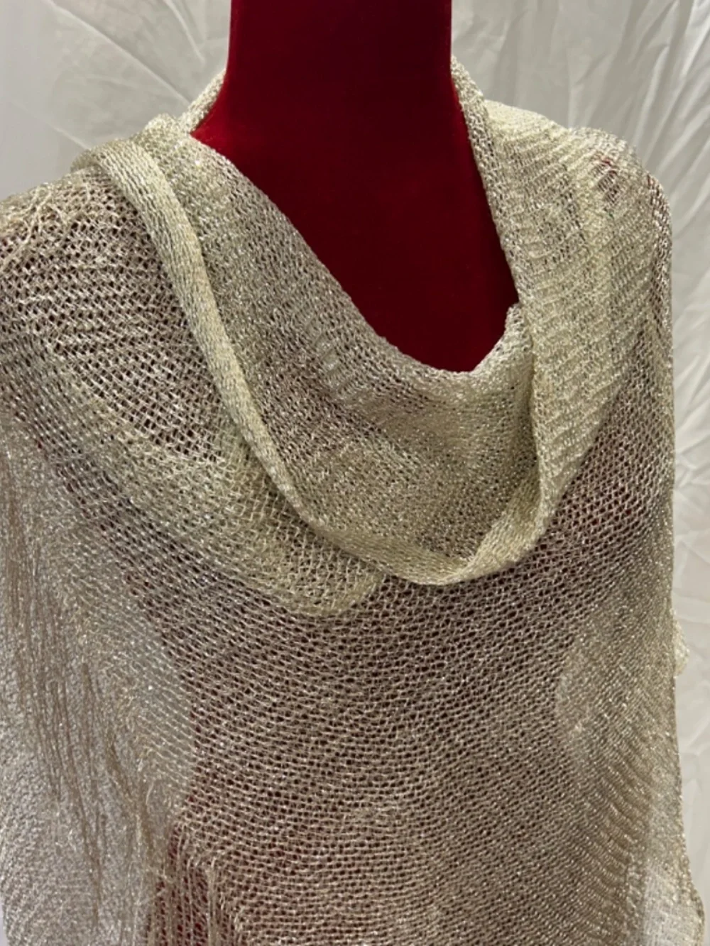 Glitter Metallic Champagne/Gold Shawl Wrap Open Weave Fringe Evening Scarf Glam